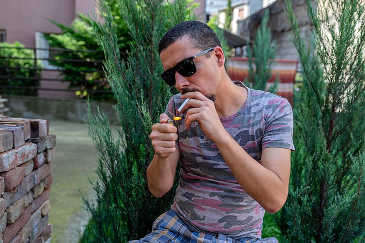 Foto hombre con bigote y barba encendiendo un cigarrillo