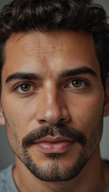 un hombre con bigote y barba está mirando a la cámara