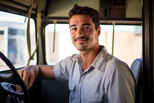 un hombre con bigote está montando en un autobús