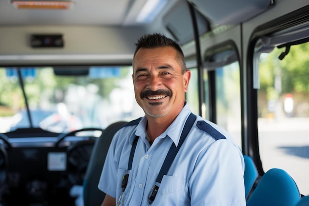 un hombre con bigote está sonriendo en un autobús