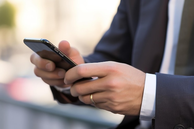 Un hombre bisness está navegando por internet en un teléfono inteligente generativo ai