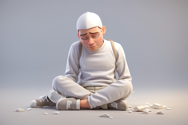Hombre blanco 3D está sentado en el suelo y llorando ilustración 3D