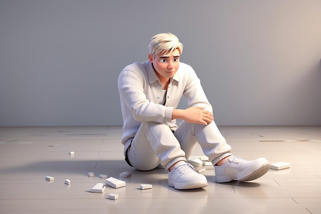 Hombre blanco 3D está sentado en el suelo y llorando ilustración 3D