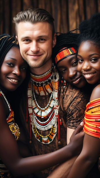 Foto hombre blanco abraza a mujeres africanas jóvenes ai generado