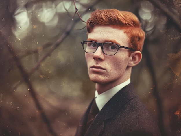 Hombre blanco adolescente fotorrealista con cabello rojo liso Ilustración vintage