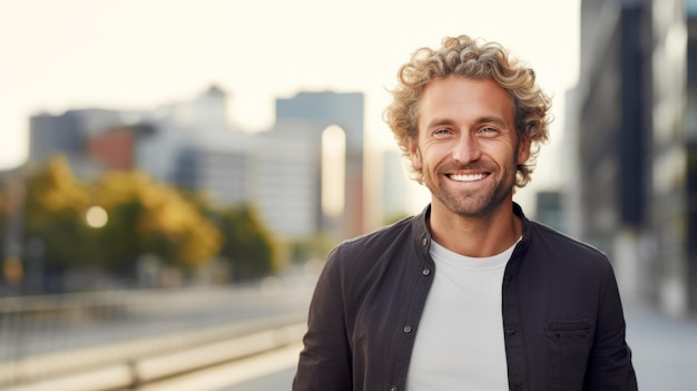 Hombre blanco adulto sonriente con cabello rubio rizado Foto Retrato de una persona casual en la calle de la ciudad Ilustración horizontal fotorrealista generada por Ai