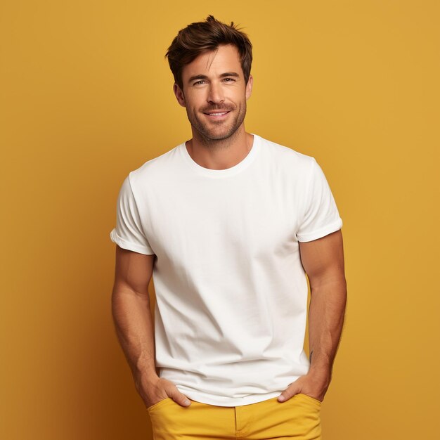 Hombre blanco con una camiseta blanca en blanco, camiseta masculina vacía, maqueta de copia de espacio, camisa blanca para el diseño.