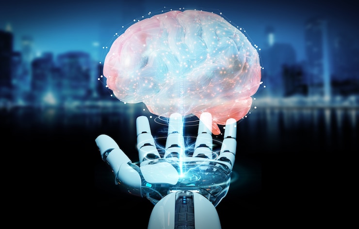 Hombre blanco humanoide creando inteligencia artificial