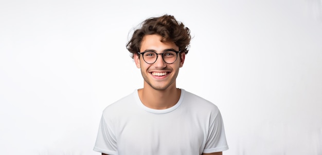 Hombre blanco modelo sonriente con gafas y camiseta blanca