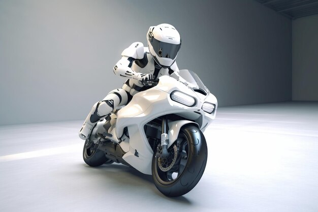 un hombre blanco montando una moto blanca con fondo blanco