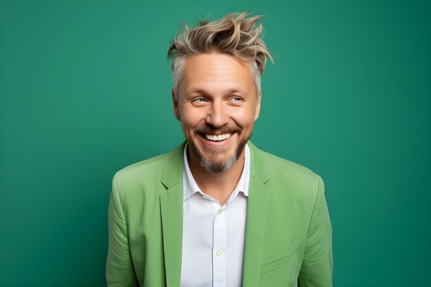 Hombre blanco sonriendo muy felizmente vistiendo ropa verde