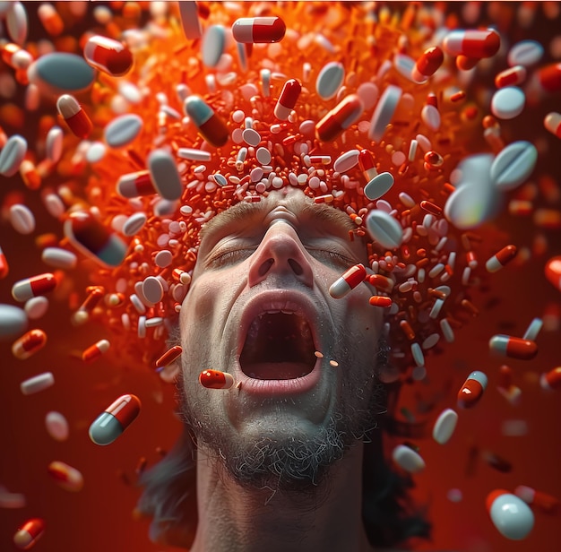 Foto hombre con la boca abierta mientras varias pastillas y cápsulas explotan alrededor de su cabeza contra un fondo rojo