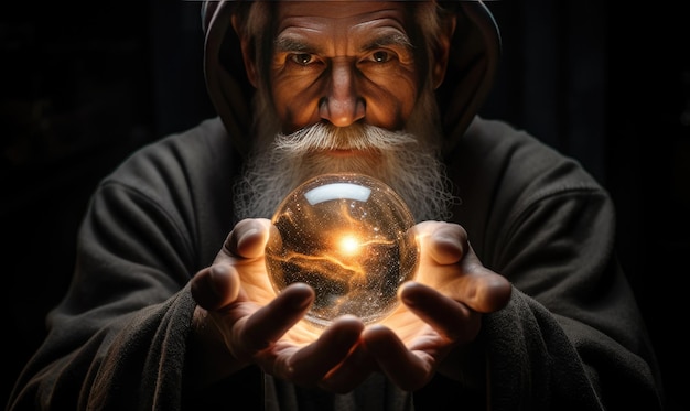 Foto un hombre con una bola de cristal en las manos