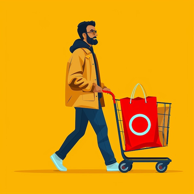 un hombre con una bolsa roja está caminando con un carrito de compras Experiencia de compras alegre Avatar masculino empujando