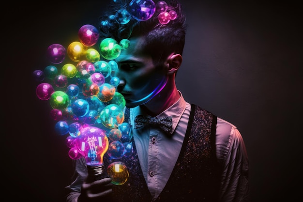 Un hombre con una bombilla y burbujas de colores.