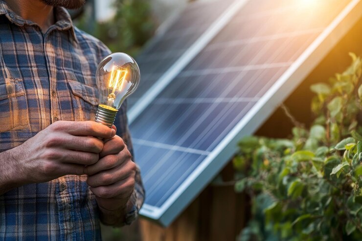 Un hombre con una bombilla de energía eficiente de pie en una casa de energía solar mensaje del Día de la Tierra sobre