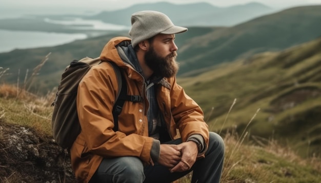 Un hombre bonito se sienta pensativo en el borde de una montaña.