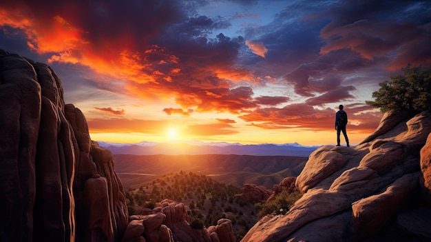 Foto hombre en el borde de una montaña al atardecer