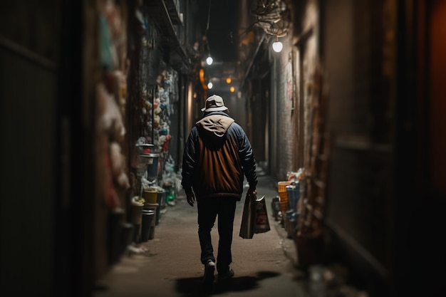 Un hombre borracho camina por un callejón de noche oscura IA generativa