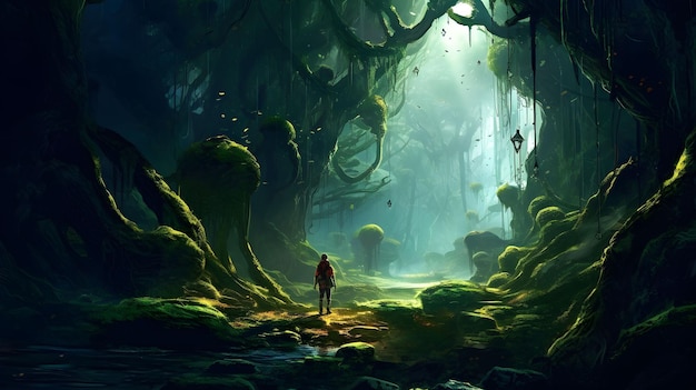 Un hombre se para en un bosque con un camino cubierto de musgo y un árbol con una luz.