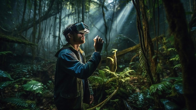 Un hombre en un bosque con un casco de realidad virtual mira una luz en la jungla.