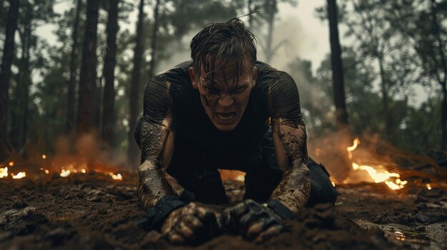 Foto un hombre está en un bosque fangoso cubierto de tierra y sudor.