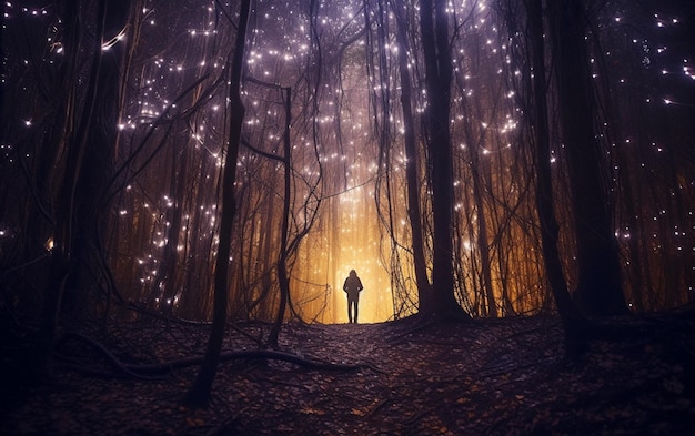 Un hombre se para en un bosque con una luz brillante en medio.