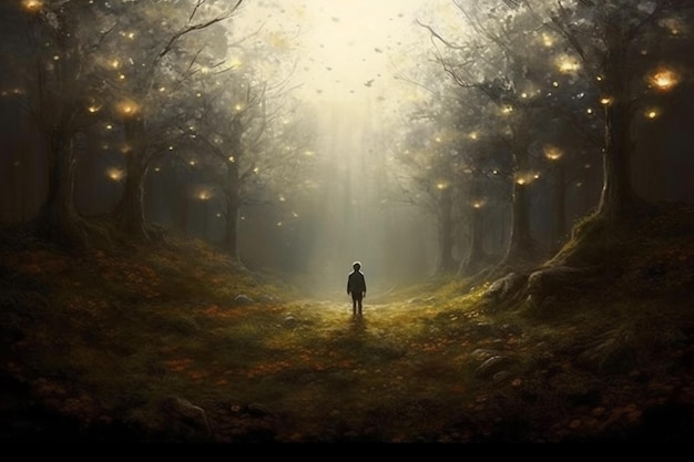 Un hombre se para en un bosque con una luz en el cielo.