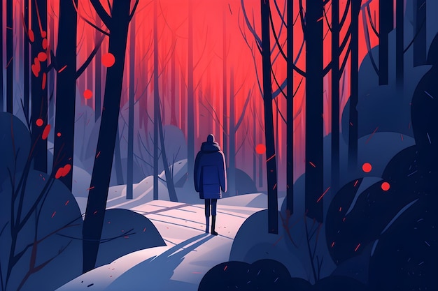Un hombre se para en un bosque nevado con una luz roja en el fondo.