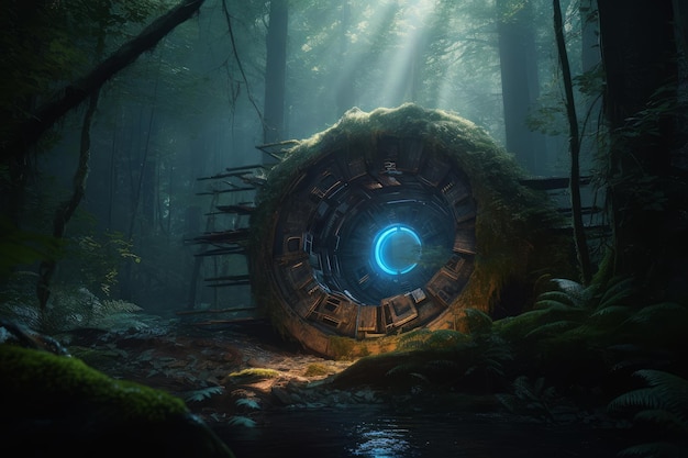 Un hombre se para en un bosque oscuro con una gran puerta circular que dice 'el futuro'