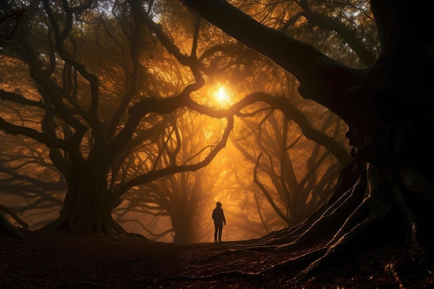 Un hombre se para en un bosque oscuro con el sol brillando a través de los árboles.