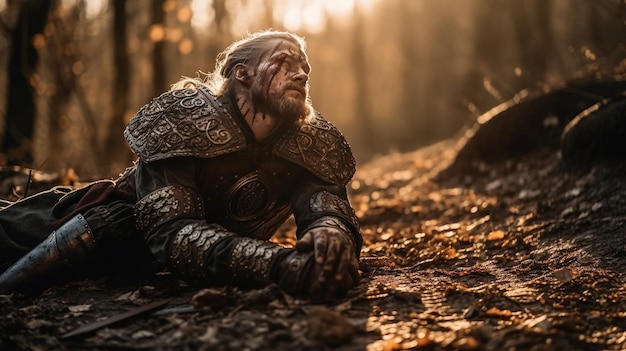 Foto un hombre en un bosque con la palabra brujo en el pecho.