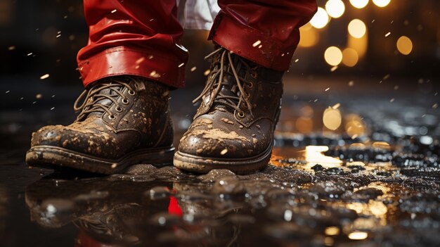 hombre con botas caminando en un charco