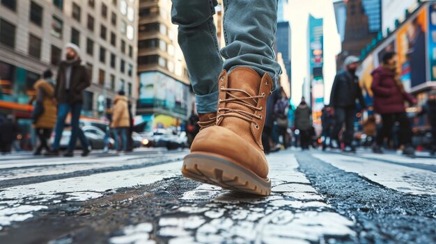 Un hombre con botas caminando por una concurrida calle de la ciudad rodeado de edificios altos y tráfico