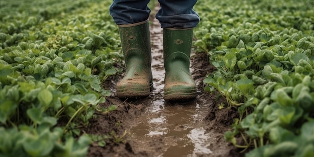 Hombre con botas de goma en el campo de primer plano Cosecha foto de alta calidad IA generativa