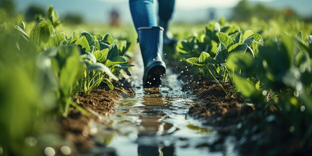 Hombre con botas de goma en el primer plano de campo cosechando ai generativo