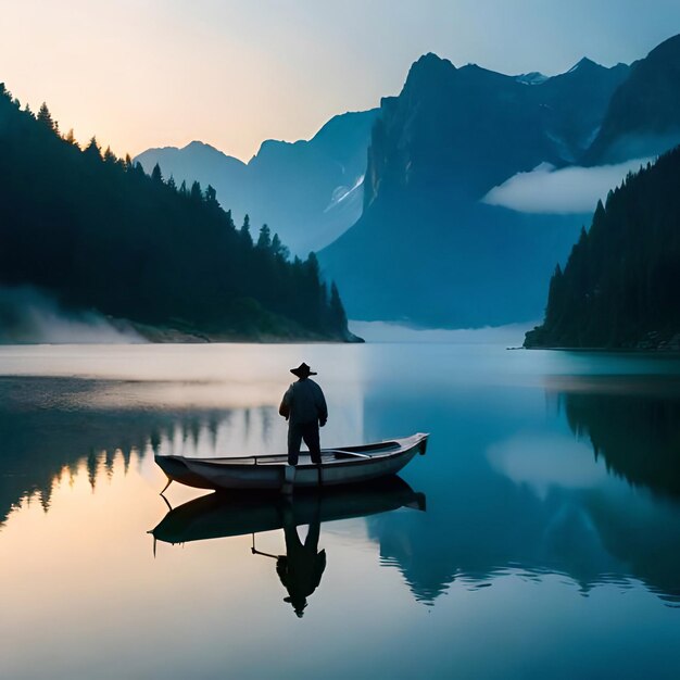 Un hombre se para en un bote frente a un lago de montaña.