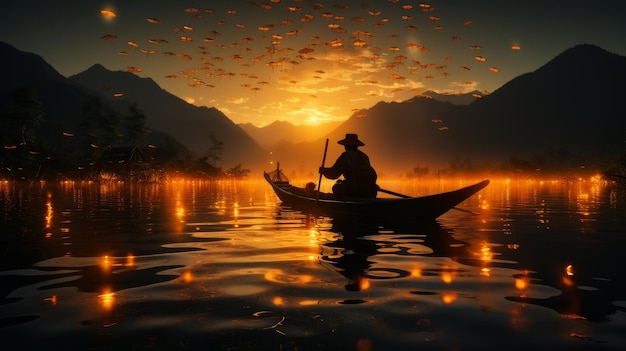 Hombre en bote en el lago al atardecer