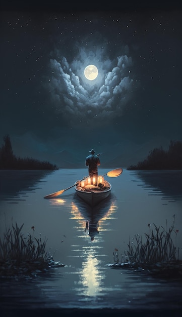 Un hombre en un bote en un lago con la luna al fondo.