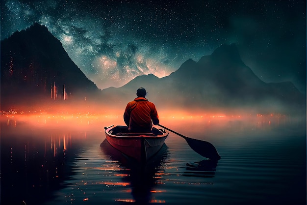 Hombre en bote en el océano Paisaje marino Noche estrellada nubes una gran luna brillante en crecimiento