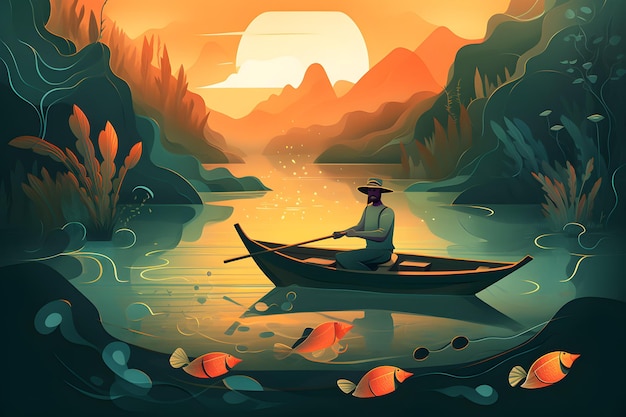 Un hombre en un bote con un sombrero en la cabeza está remando en un bote con un pez en el agua.
