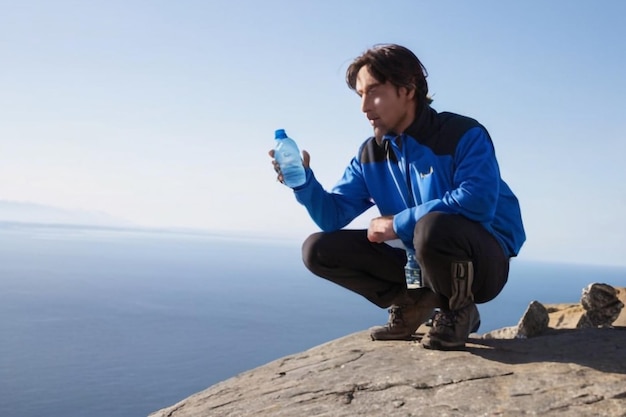 Foto hombre con botella de agua agachado en una roca contra un cielo despejado