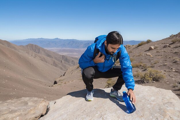 Foto hombre con botella de agua agachado en una roca contra un cielo despejado