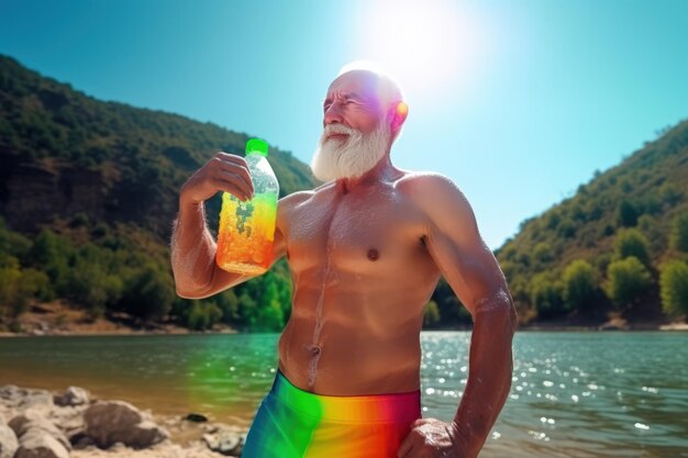 Un hombre con una botella de agua con los colores del arco iris