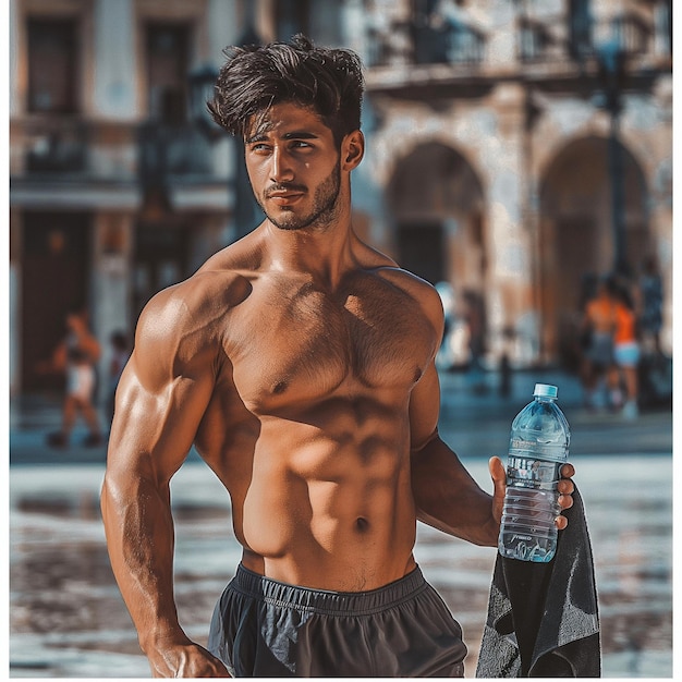 un hombre con una botella de agua en la mano