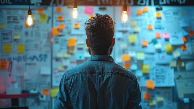 Hombre brainstorming ideas en una pizarra llena de notas y dibujos en una oficina moderna centrándose
