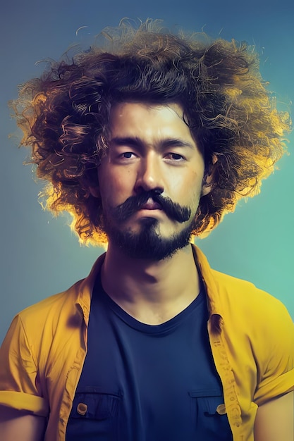 Hombre brasileño con pelo rizado y vestido amarillo y azul.