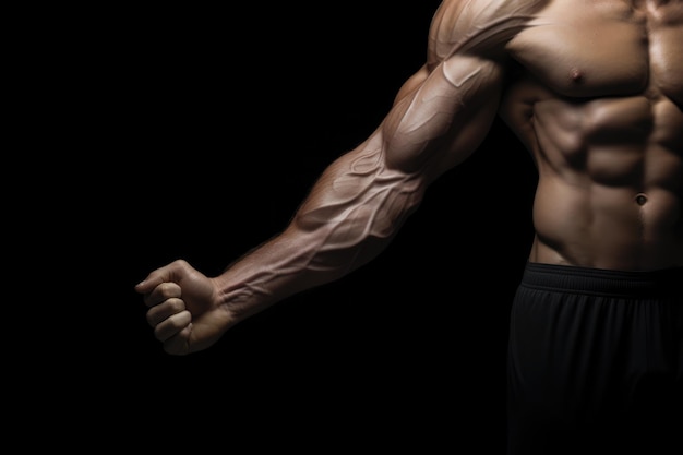 Un hombre con un brazo rasgado y sin camisa