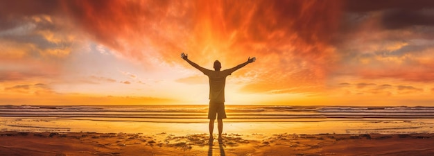 Un hombre con los brazos en alto en una playa con una puesta de sol de fondo.