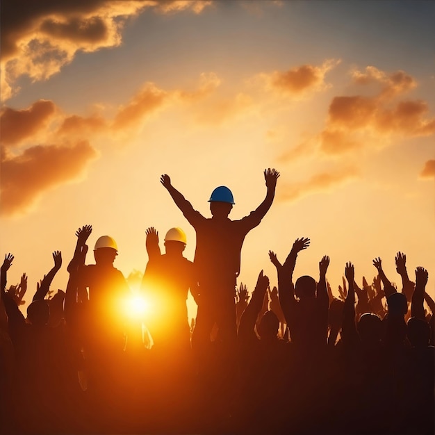 Un hombre con los brazos en alto con el sol detrás de él.